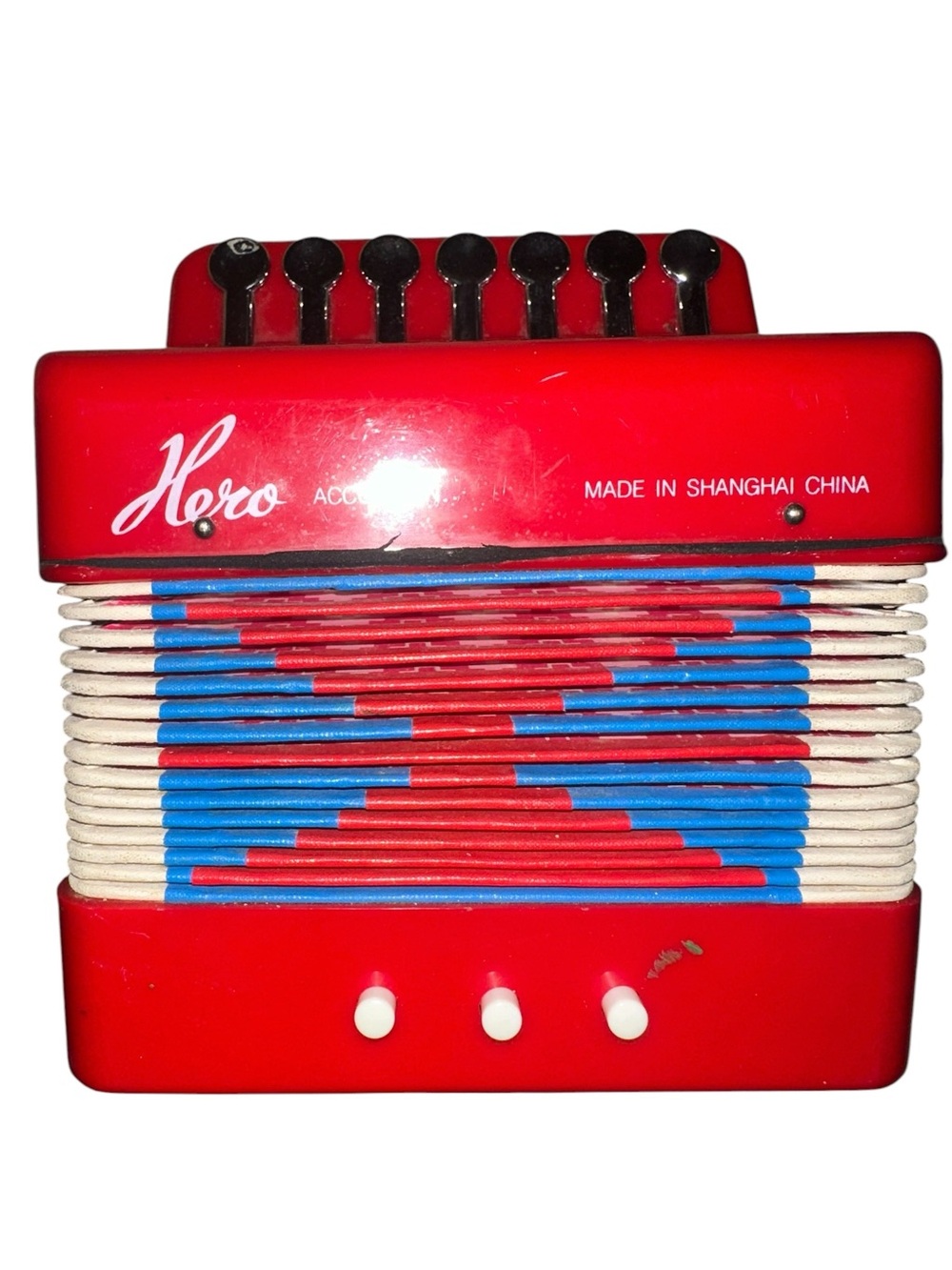 Vintage Hero Toy Accordion, Red, 7 Keys 3 Bass Buttons, Made in Shanghai China